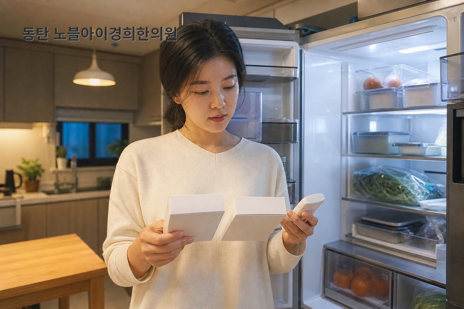 냉장고 옆에서 비만치료주사 펜 상자와 온도·시간 기록을 확인하는 교육용 생활 장면