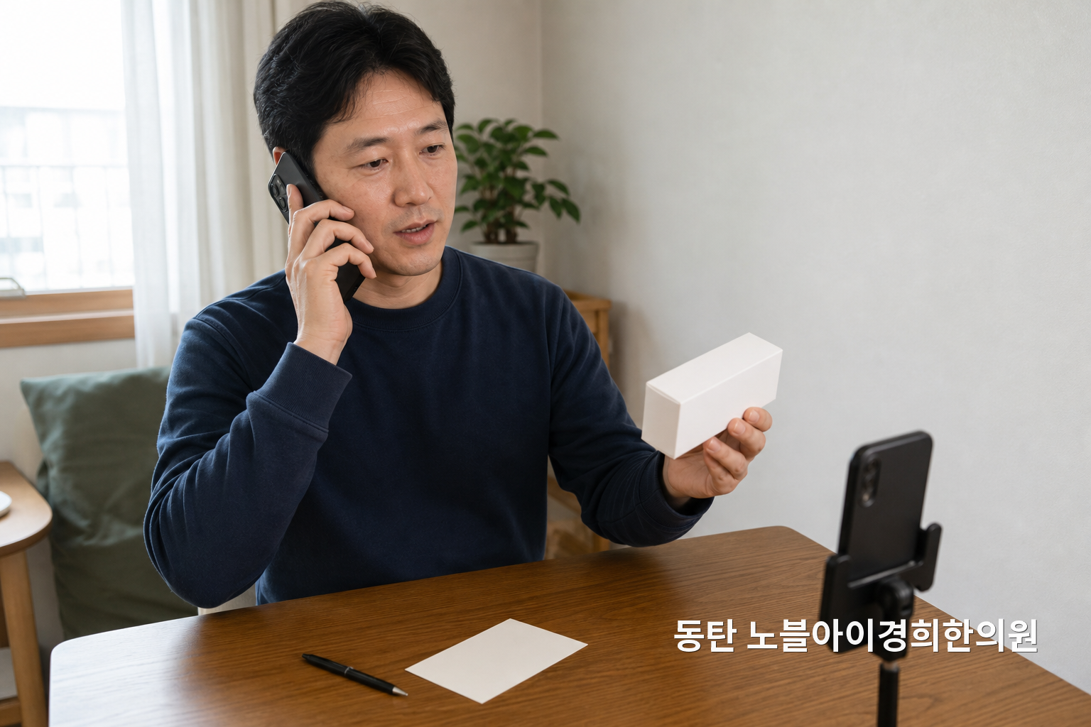 비만치료주사 상자와 제조번호 사진, 보관 시간 메모를 보며 약국에 문의하는 교육용 장면