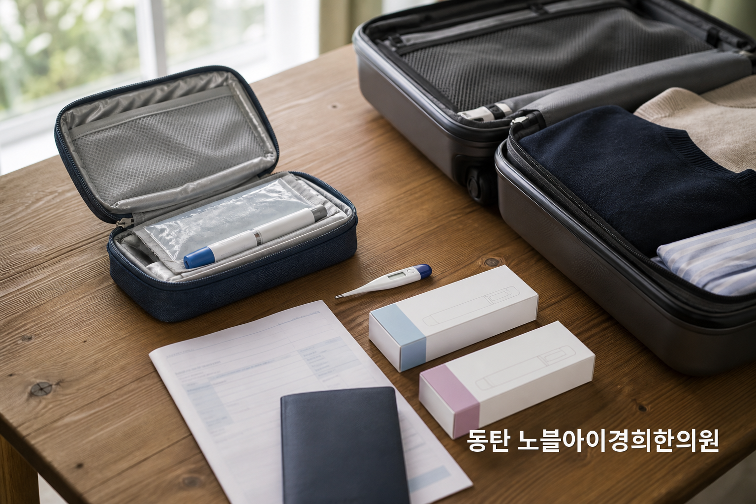 여행 전 비만치료주사 펜과 처방 자료, 온도계를 기내 휴대 가방에 준비하는 교육용 정물