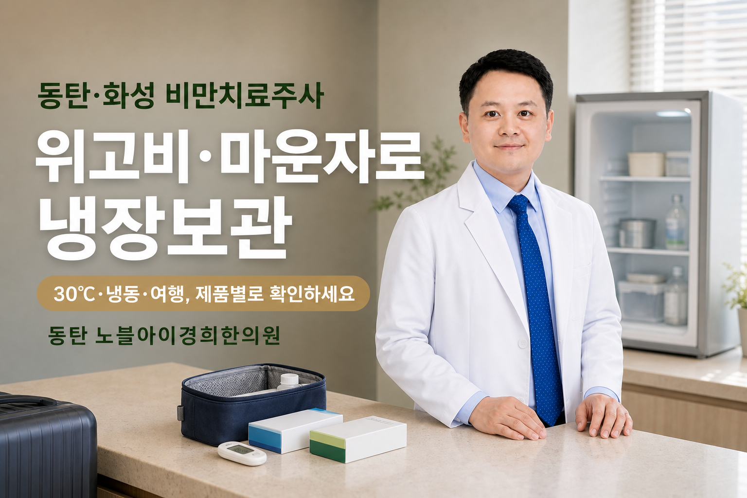 신민우 대표원장이 냉장고와 여행 가방 사이에서 위고비·마운자로 보관 확인 순서를 설명하는 장면
