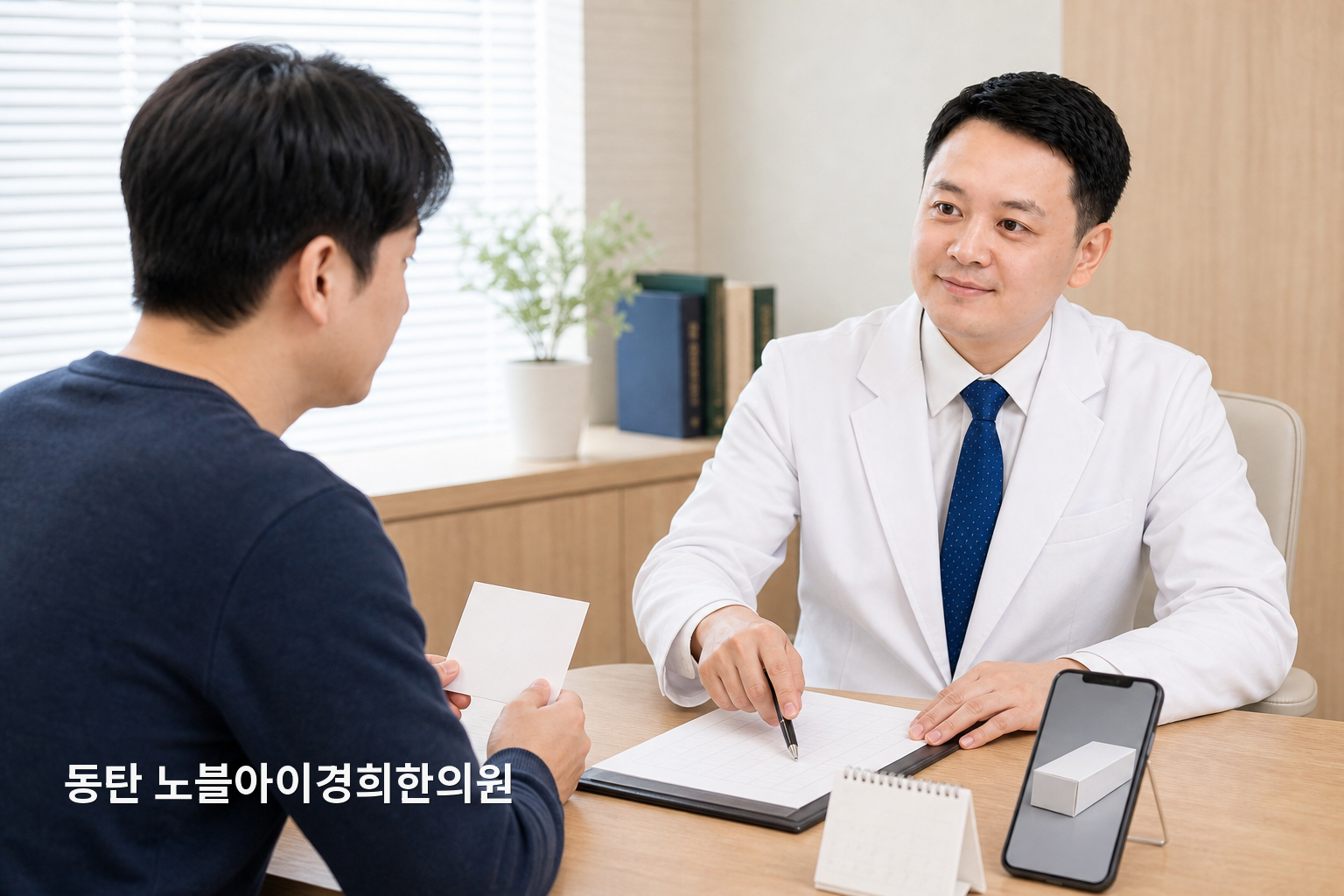 신민우 대표원장과 교육용 가상 성인이 마지막 투여 정보와 체중 흐름을 보며 중단 뒤 상담 질문을 정리하는 장면