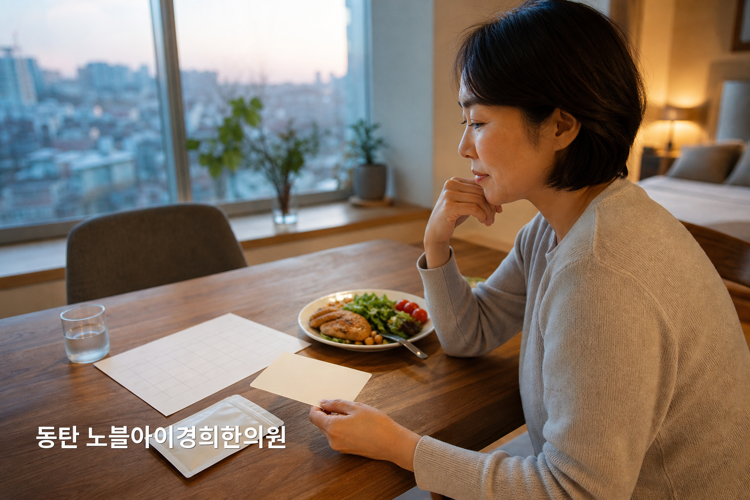 비만치료주사를 중단하려는 이유와 식사·약 정보·목표를 차분히 정리하는 교육용 가상 성인의 생활 장면