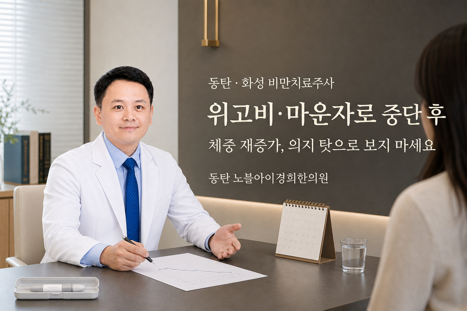 신민우 대표원장이 비만치료주사 중단 뒤 체중 재증가를 의지 탓으로 보지 말고 추적 상담하자고 설명하는 장면