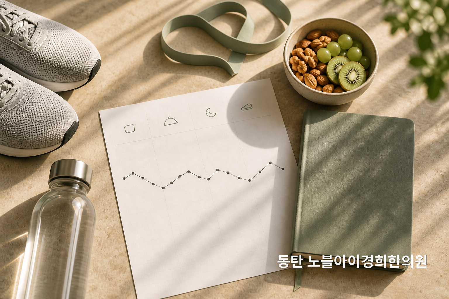 숫자 집착 대신 체중·식욕·식사·수면·활동의 흐름을 함께 기록하도록 보여 주는 교육용 정물 사진