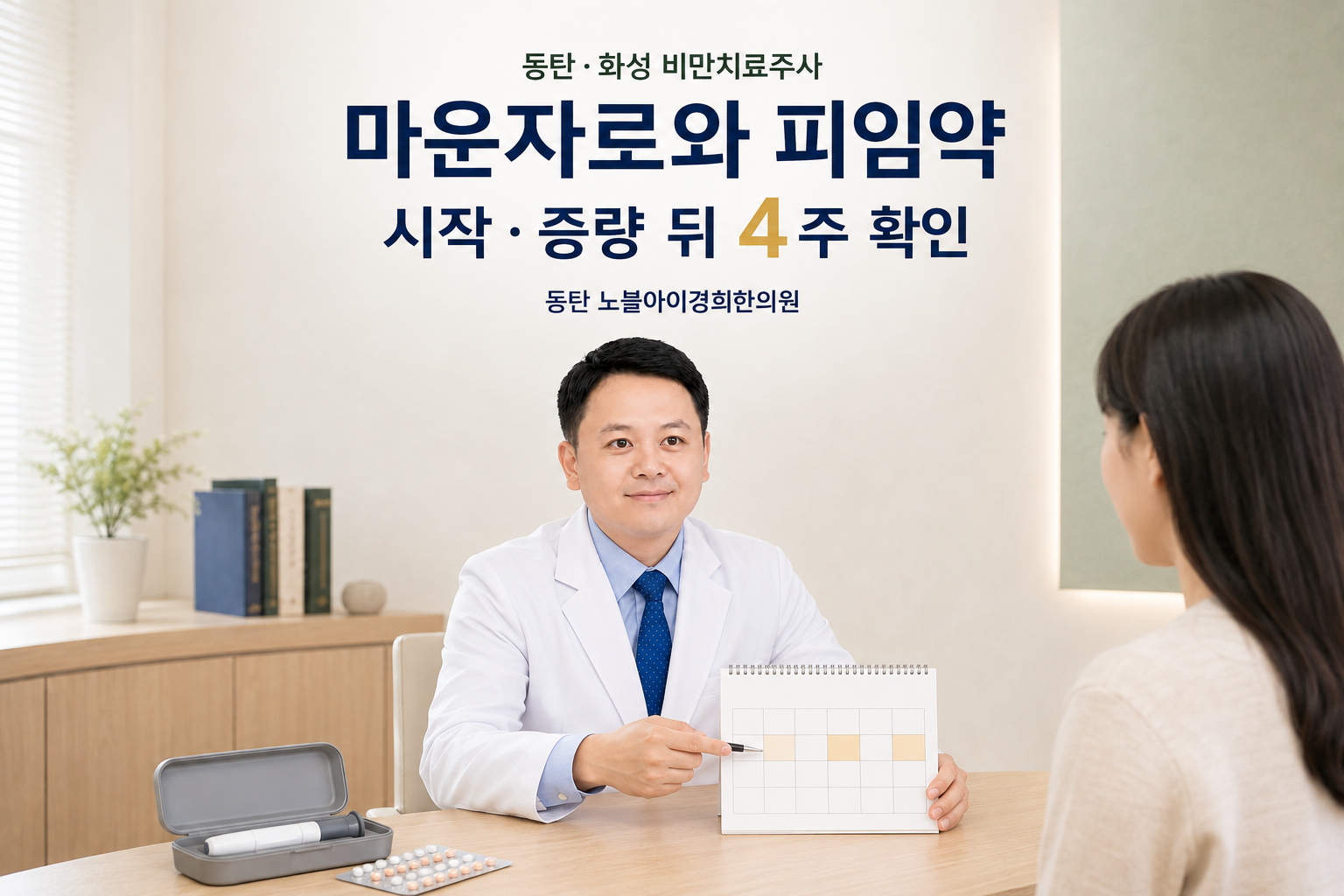 신민우 대표원장이 마운자로 시작·증량 뒤 경구피임약 사용자가 확인할 4주를 달력으로 설명하는 장면