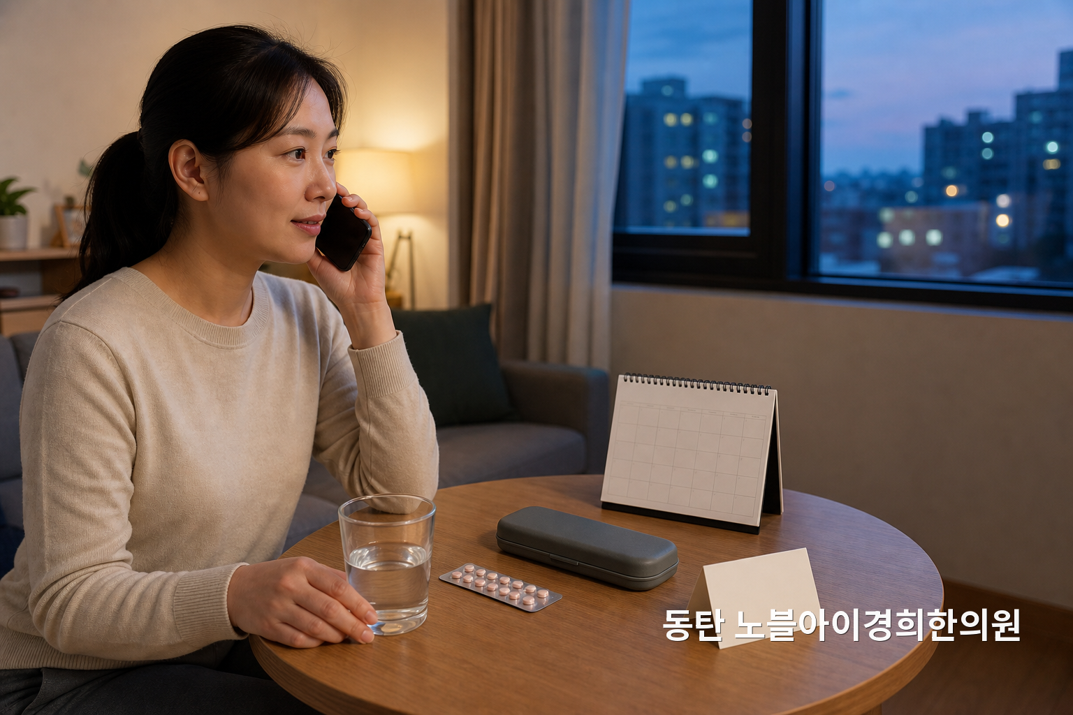 비만치료주사와 경구피임약, 빈 달력을 앞에 두고 처방기관에 확인 전화를 거는 교육용 가상 성인의 장면