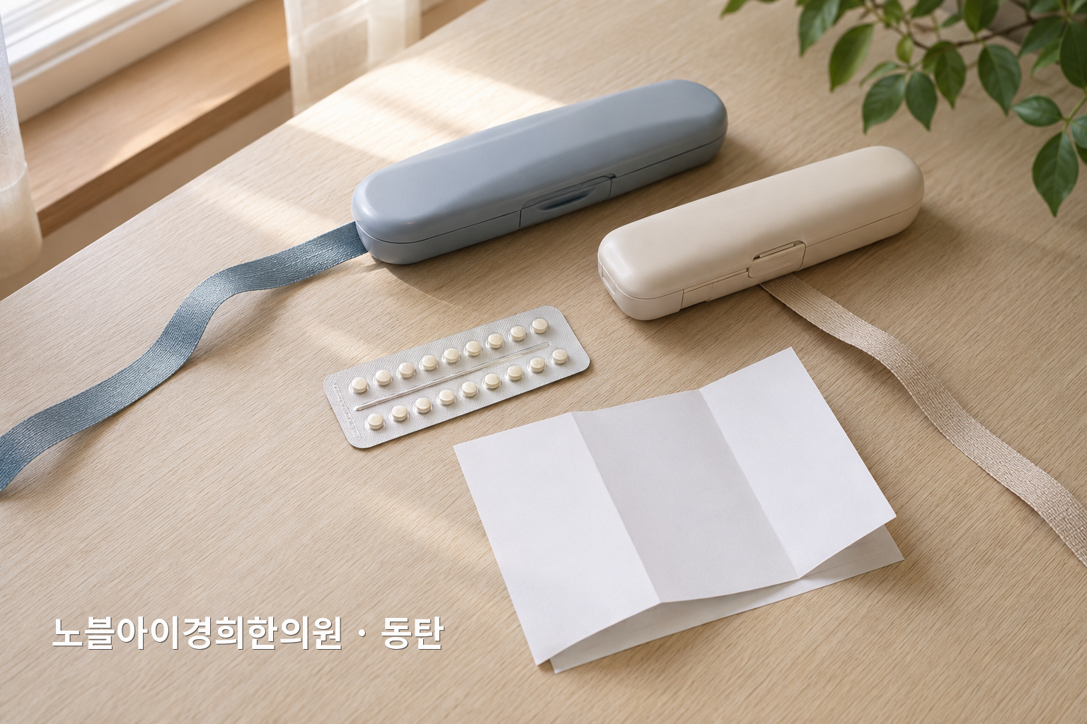 서로 다른 두 비만치료주사 펜 케이스와 경구피임약을 구분해 놓은 교육용 비교 정물 사진