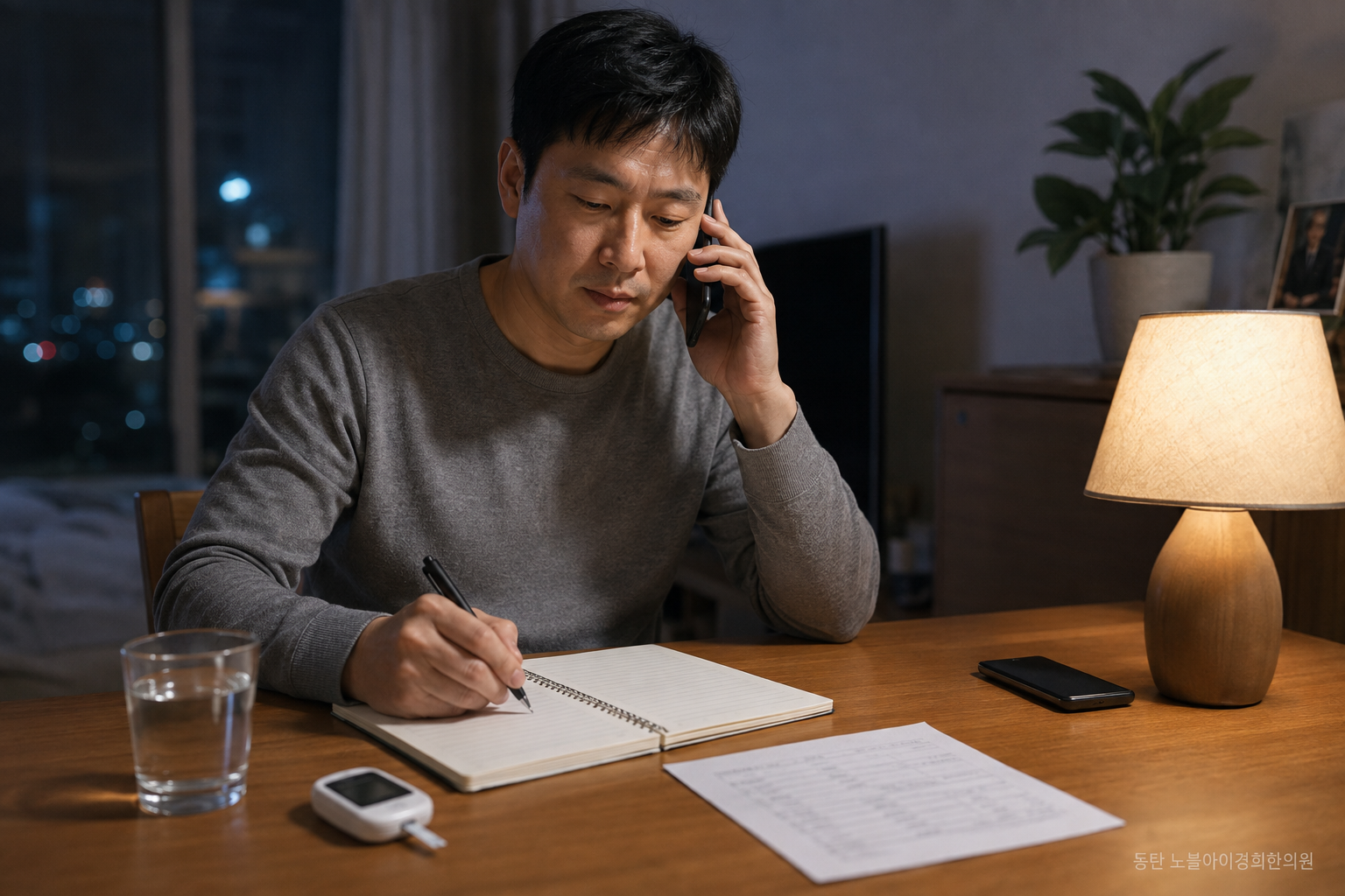 회식 뒤 증상과 시각을 적고 의료기관에 확인 전화를 거는 교육용 가상 성인의 장면