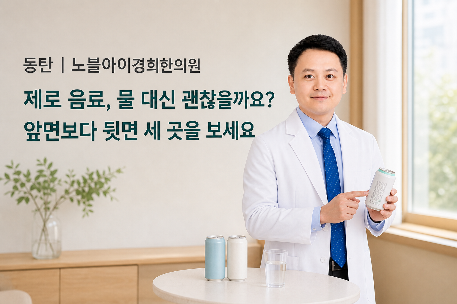 신민우 대표원장이 물과 무표시 음료를 곁에 두고 제로 음료 라벨 확인 순서를 안내하는 장면