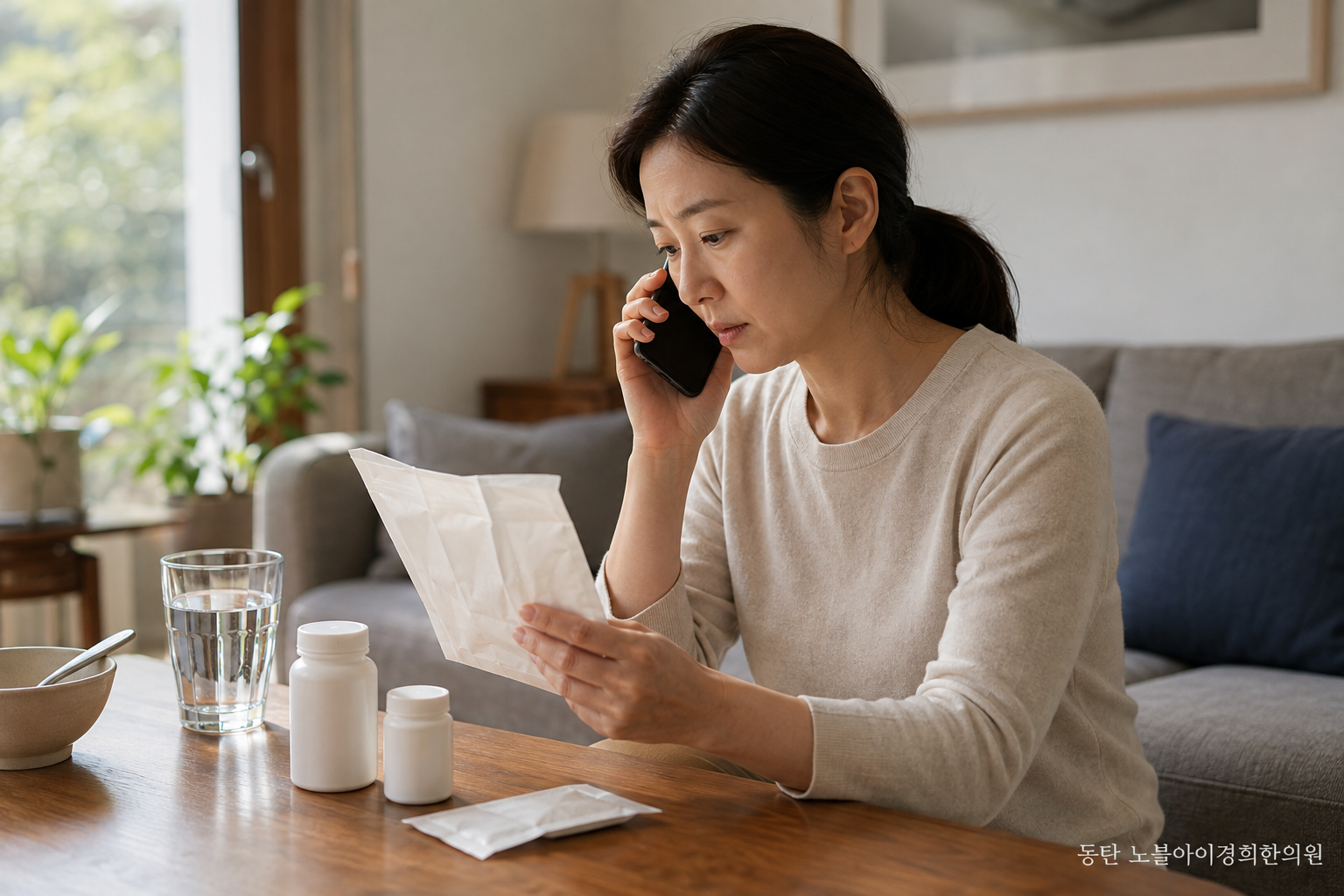 저탄수 식사 중 메스꺼움이 생긴 교육용 가상 성인이 무상표 복용약을 확인하며 처방기관에 전화하는 장면