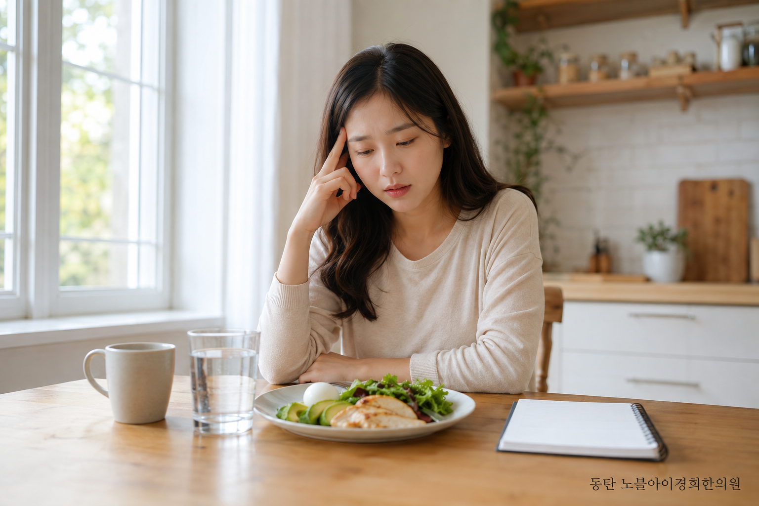 저탄수 식사 뒤 두통과 메스꺼움을 느낀 교육용 가상 성인이 식사·물·커피와 증상 시각을 되짚는 장면