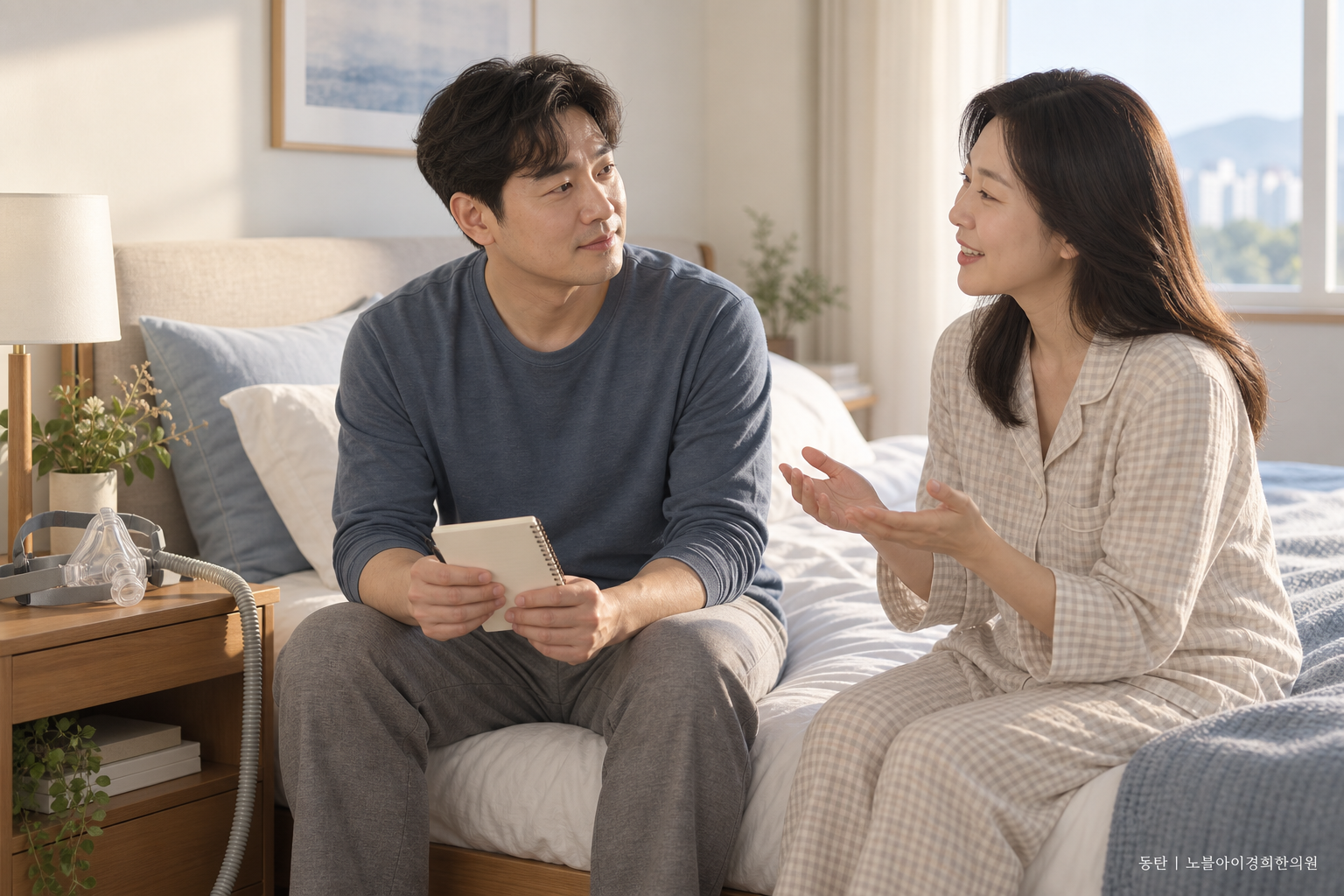 체중 감량 뒤 코골이가 조용해졌다는 배우자의 말을 듣고 양압기를 그대로 둔 채 빈 수면 기록을 확인하는 교육용 가상 성인 부부