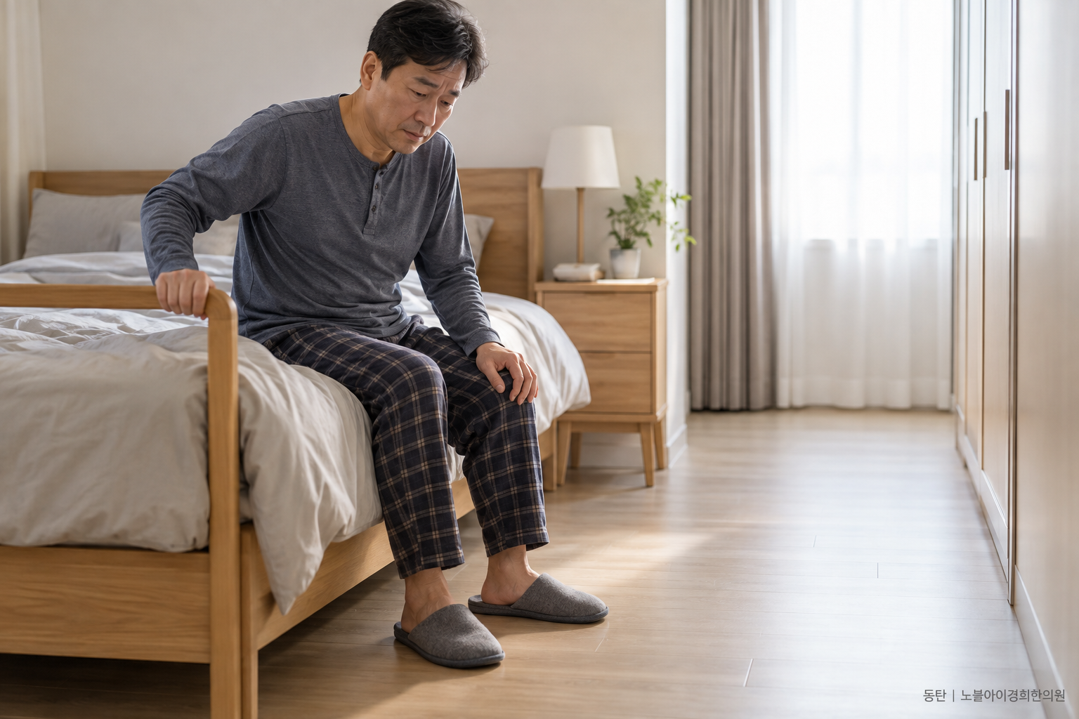 침대 가장자리에 앉아 손잡이를 짚고 어지럼이 가라앉기를 기다리는 교육용 가상 성인과 주변의 안전한 동선을 보여 주는 장면