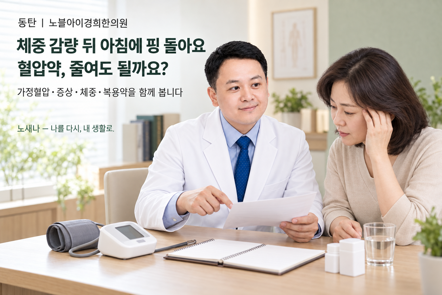 신민우 대표원장이 체중 감량 뒤 아침 어지럼을 느낀 혈압약 복용자와 가정혈압·증상·체중·복용약 기록을 함께 살펴보는 노새나 상담 장면