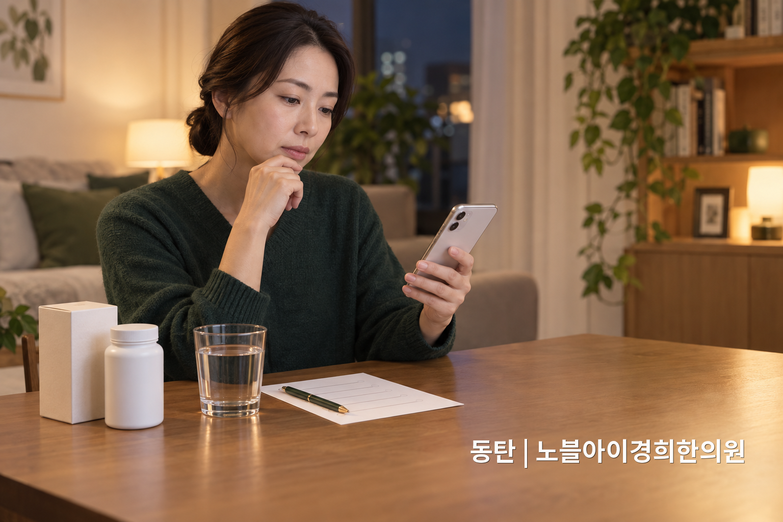 해외직구 보조제를 한쪽에 두고 증상 시간표와 휴대전화를 준비해 의료 조언을 구하는 교육용 가상 장면