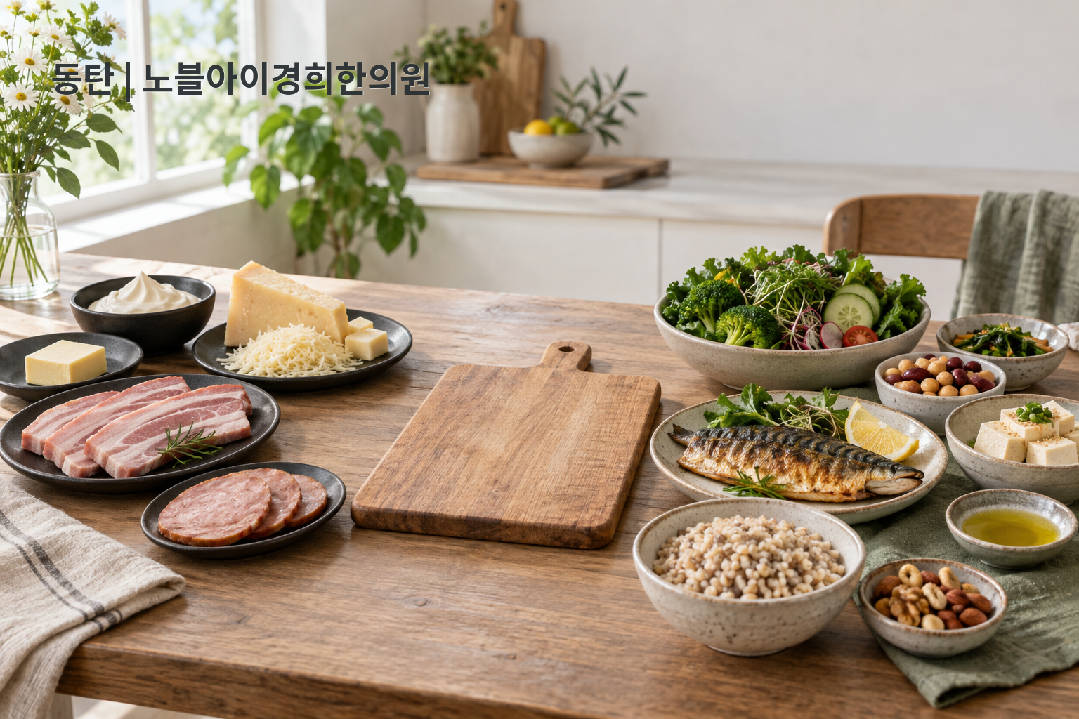 포화지방이 많은 식품과 생선·콩·채소·통곡물·견과류를 식탁 양쪽에 놓고 교체 방향을 보여 주는 교육용 사진