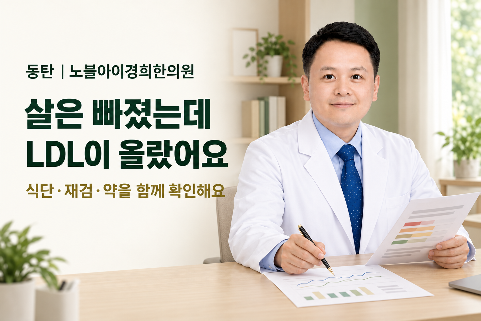 신민우 대표원장이 체중 감량 기록과 LDL 콜레스테롤 검사지를 함께 놓고 식단과 재검 순서를 설명하는 장면
