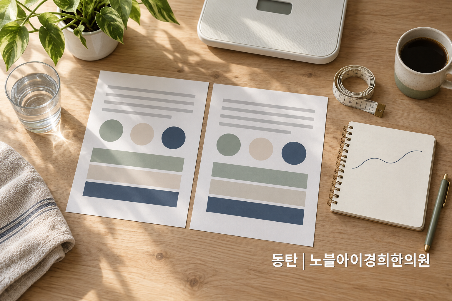 체중이 줄어든 기록과 이전·현재 지질검사 결과를 날짜 순서로 놓고 비교하는 교육용 정물