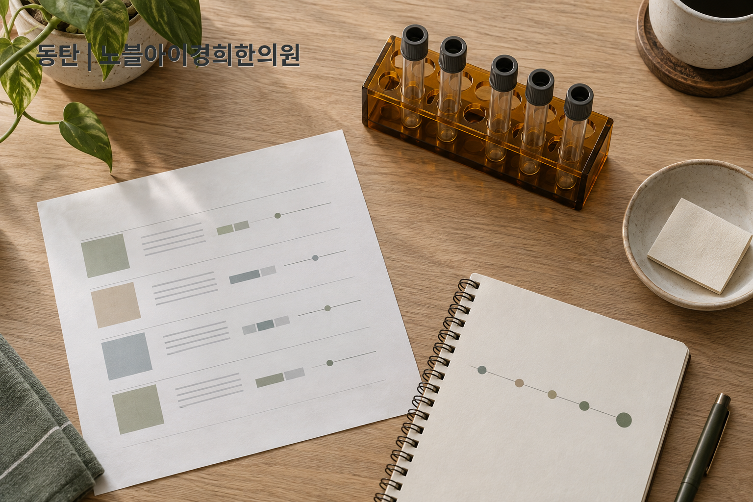 추상화한 검사표와 네 가지 기록 소품을 배치해 AST·ALT 외의 맥락을 함께 살피는 모습을 보여 주는 교육용 정물