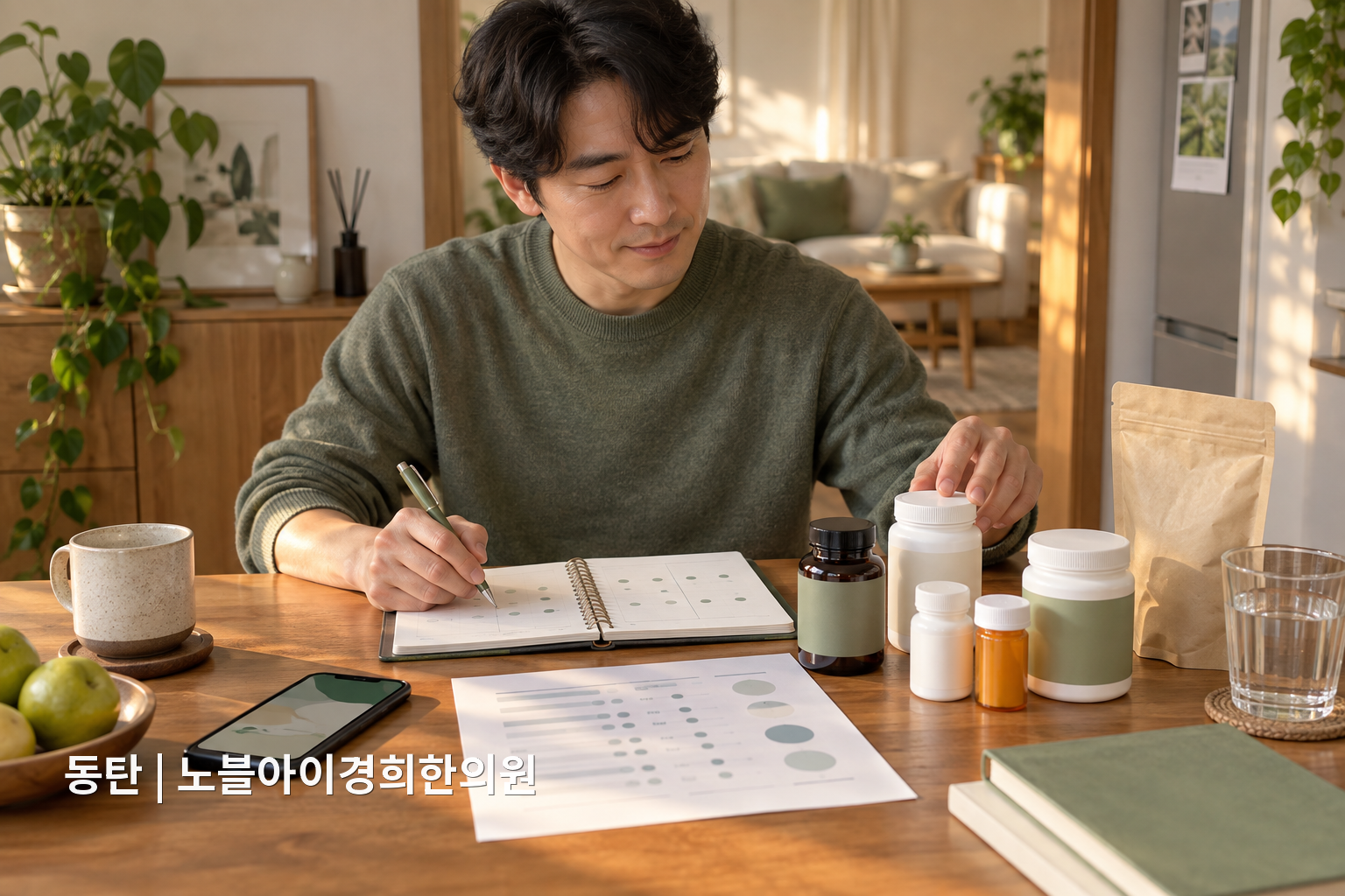 성인이 무표시 약·한약·보충제 용기와 검사표를 놓고 시작 날짜를 정리해 상담을 준비하는 장면
