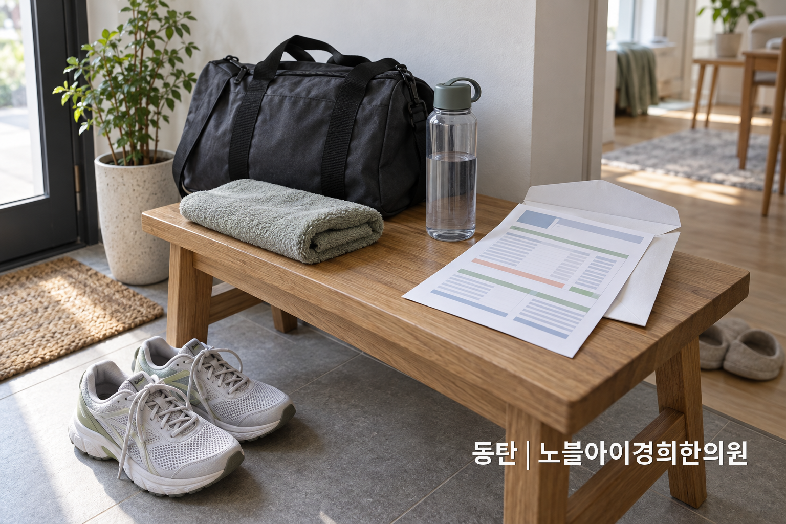 운동 가방과 신발, 무표시 검사지를 한자리에 두어 최근 강한 운동과 채혈의 시간 관계를 보여 주는 교육용 정물