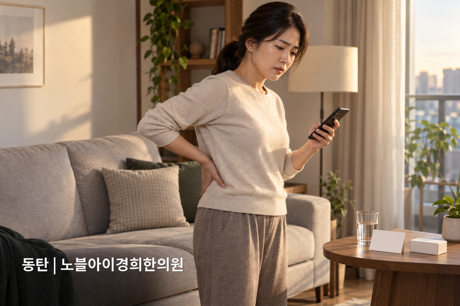 오르리스타트 복용 중 옆구리 통증을 느낀 성인이 의료기관에 연락하려는 가상 장면