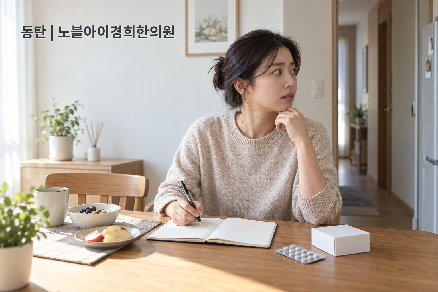 오르리스타트 복용자가 식사와 복용 뒤 배변 변화를 시간 순서로 적으며 상담을 준비하는 가상 장면