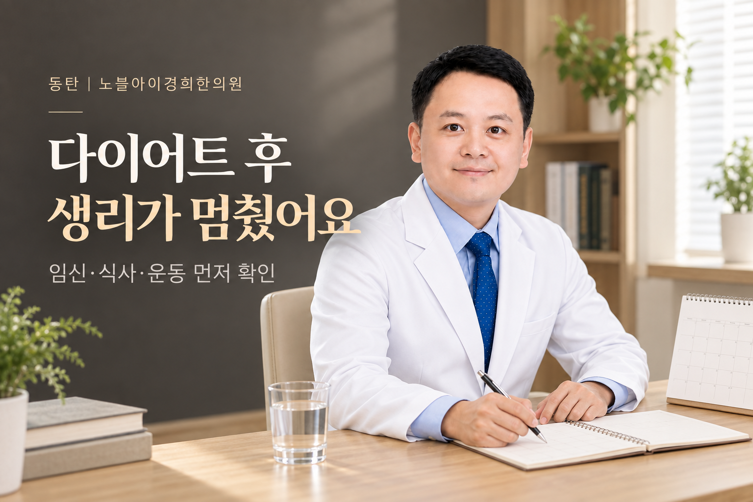 신민우 대표원장이 월경 날짜와 식사·운동 기록을 함께 살피는 교육용 연출 장면