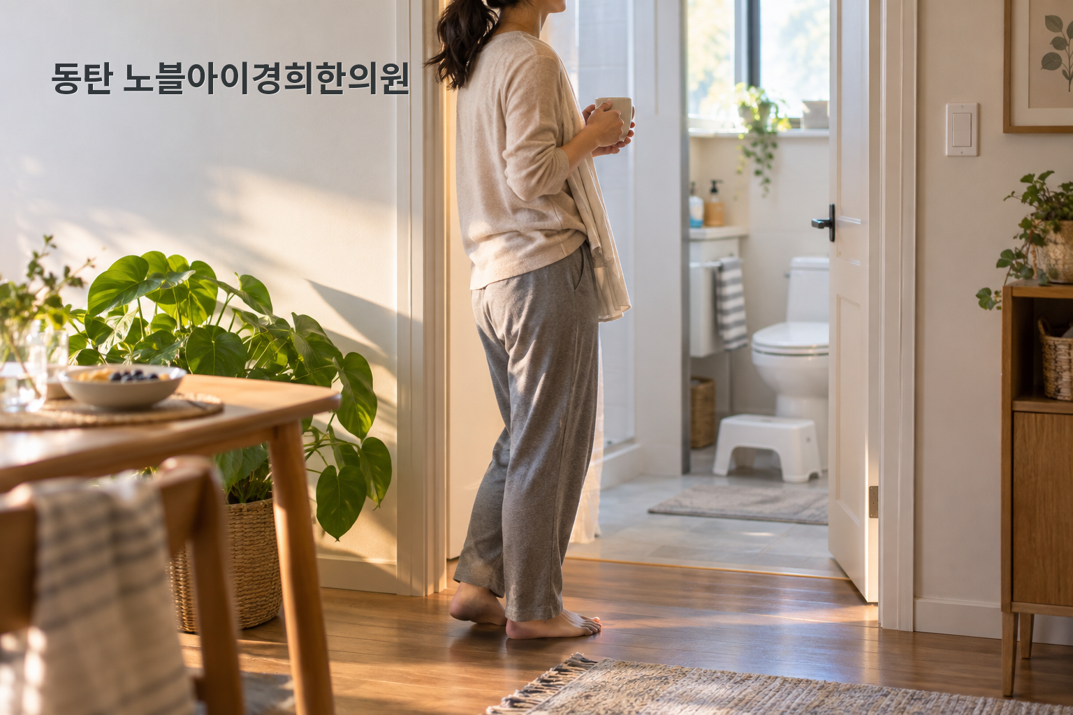 아침 식사 뒤 화장실로 향하는 성인의 배변 습관을 보여 주는 교육용 연출 장면