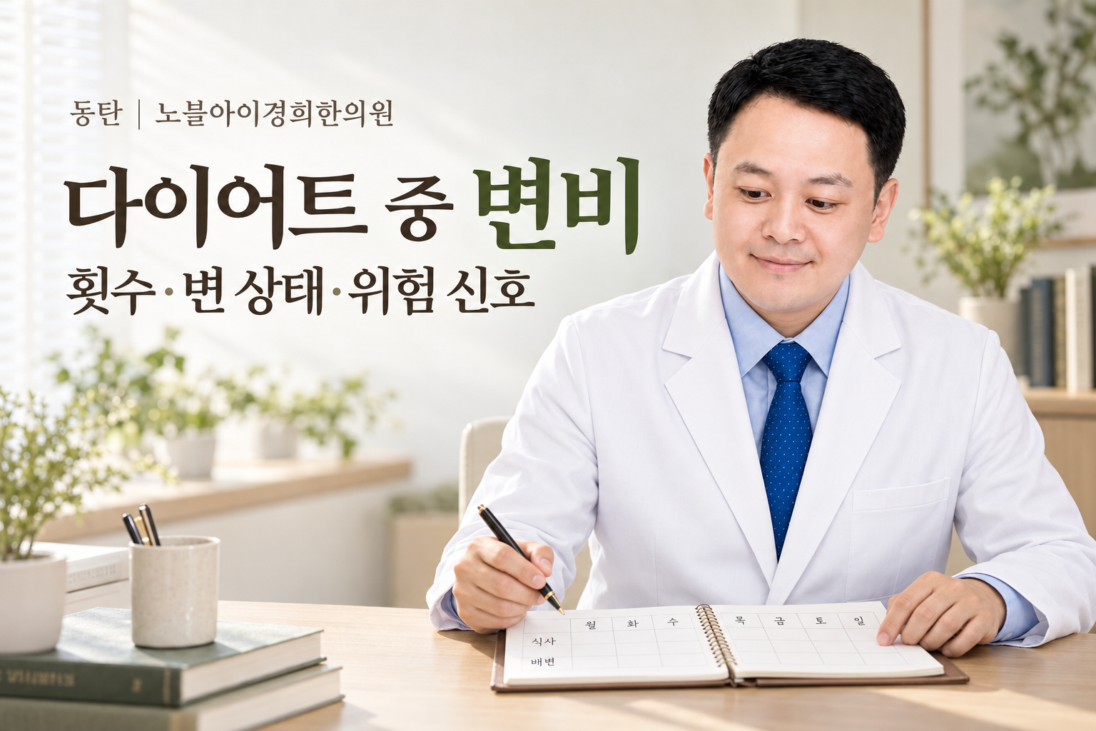 신민우 대표원장이 식사와 배변 기록을 살펴보는 교육용 연출 장면