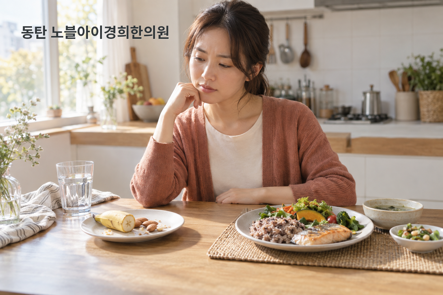 작은 간식과 여러 식품군을 담은 식탁을 비교하는 성인의 교육용 연출 장면