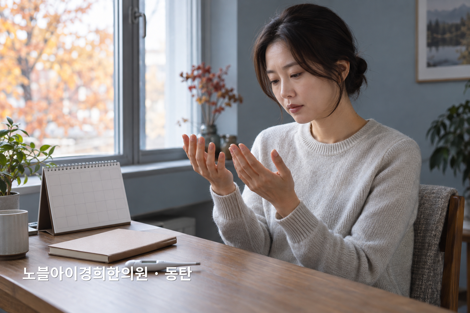 선선한 창가에서 양손의 느낌과 일상 변화를 살펴보는 성인의 교육용 연출 장면