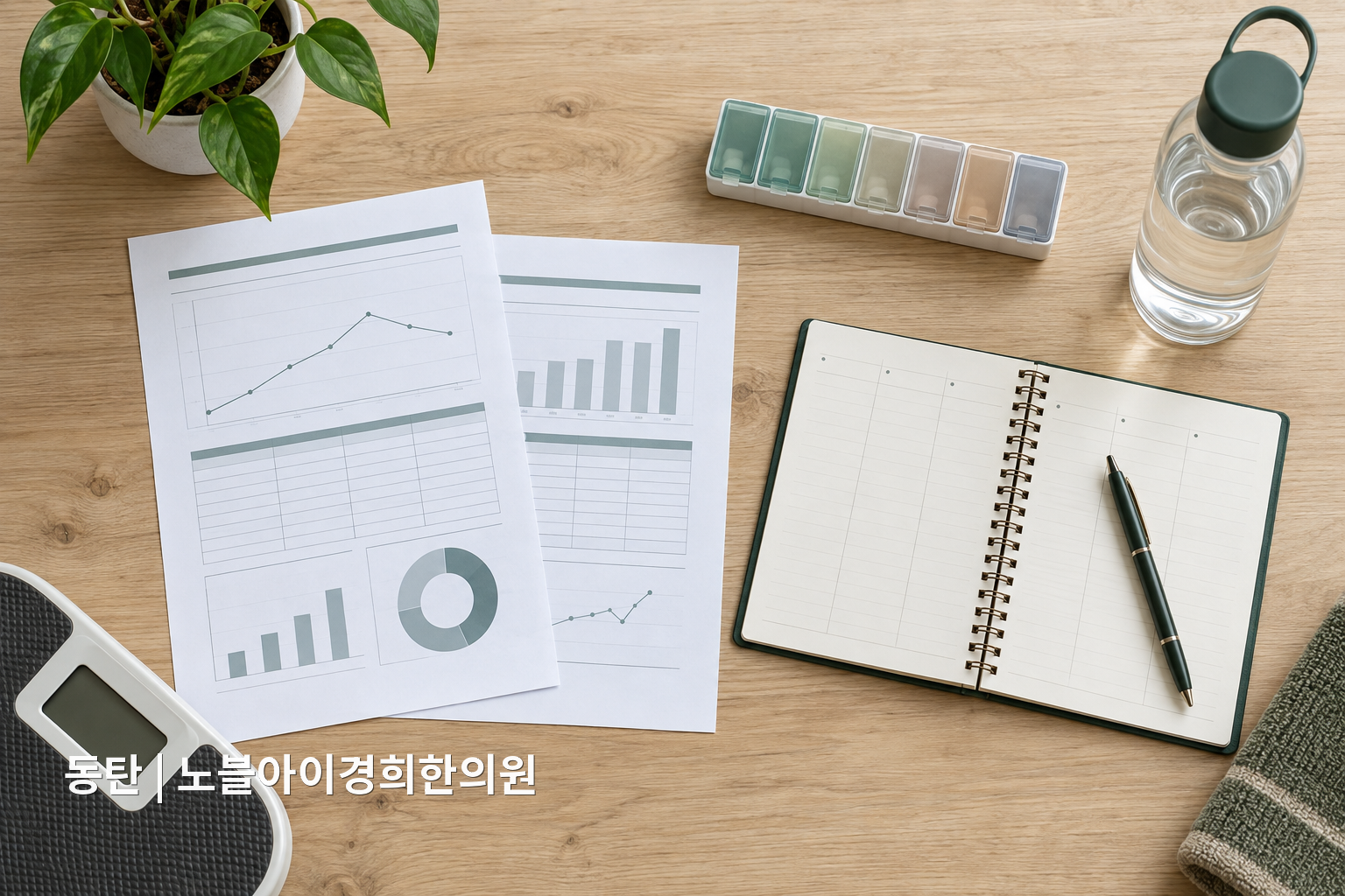 검사 결과와 복용약 시점을 빈 시간표에 정리하는 교육용 정물 장면