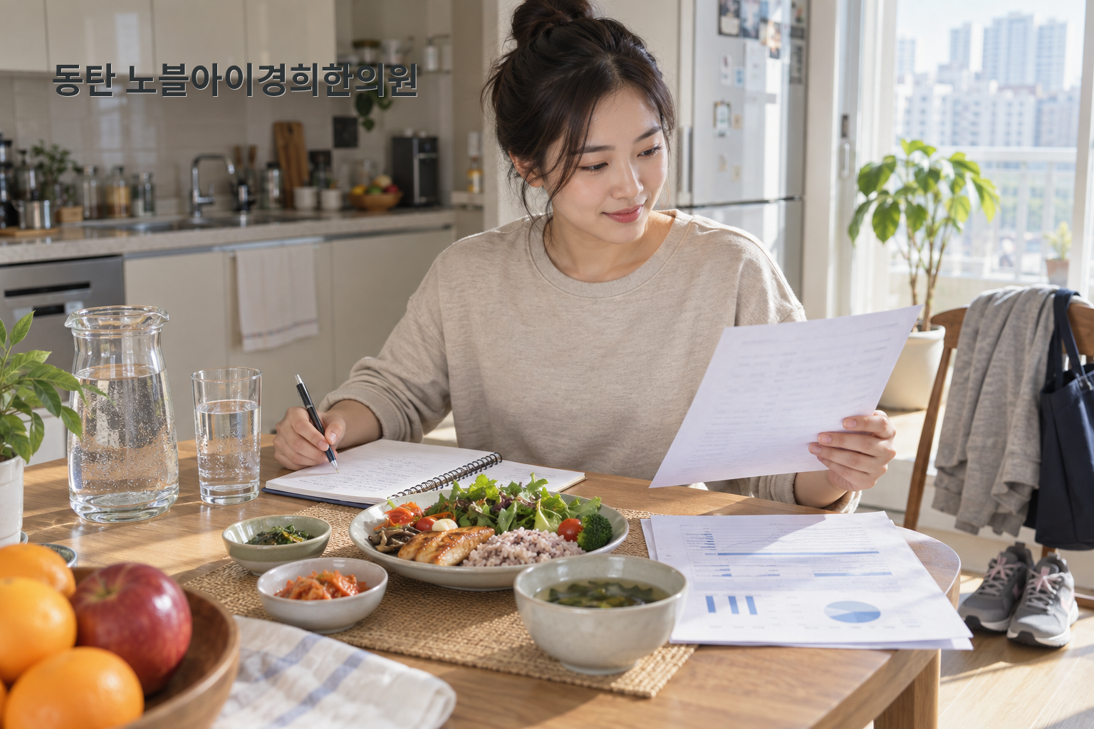 식사와 물 옆에서 요산 검사표와 생활 변화를 함께 살피는 성인의 교육용 연출 장면