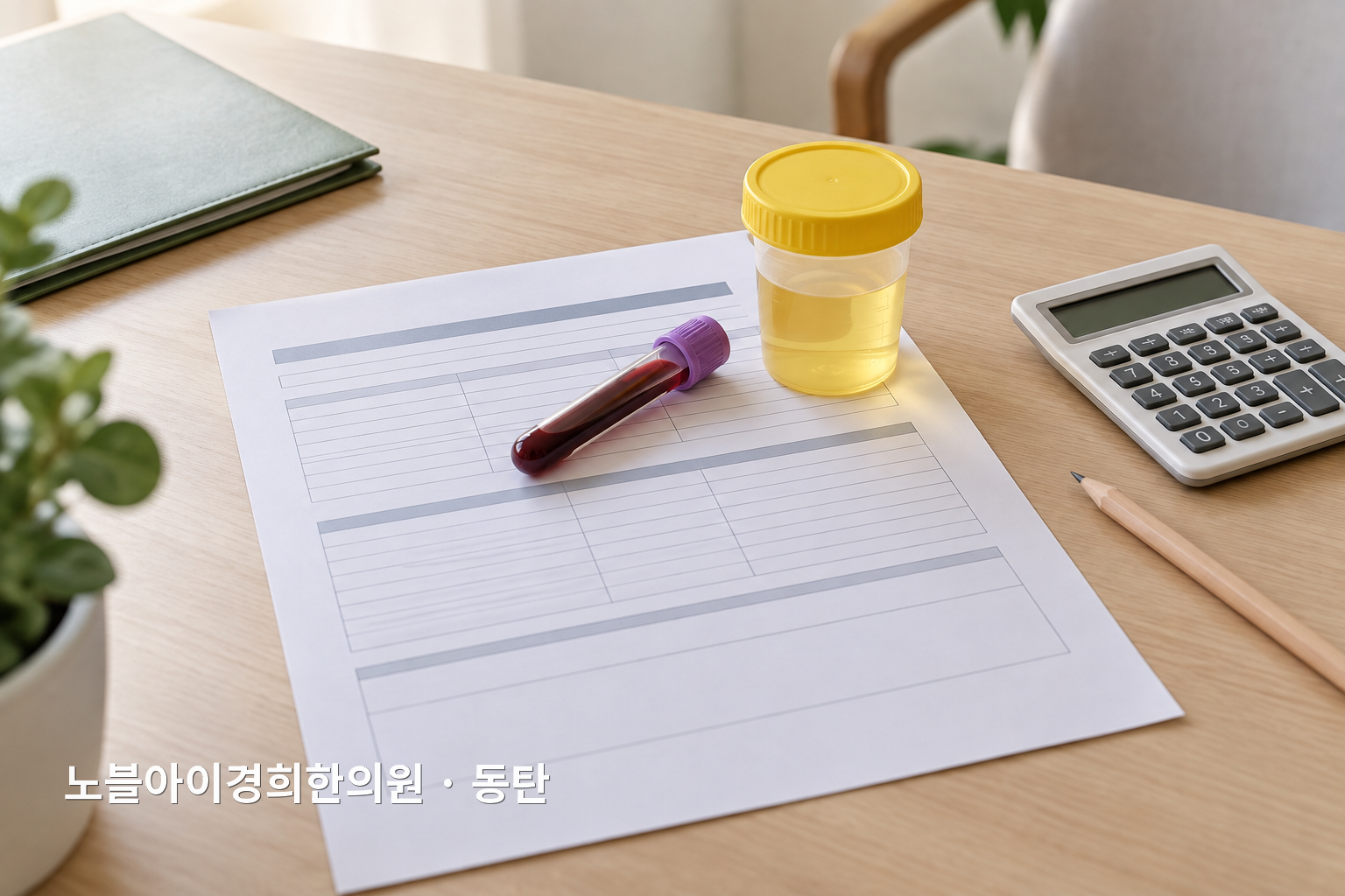 혈액검사 결과와 소변검사 용기를 나란히 두고 신장기능 맥락을 확인하는 교육용 정물 장면