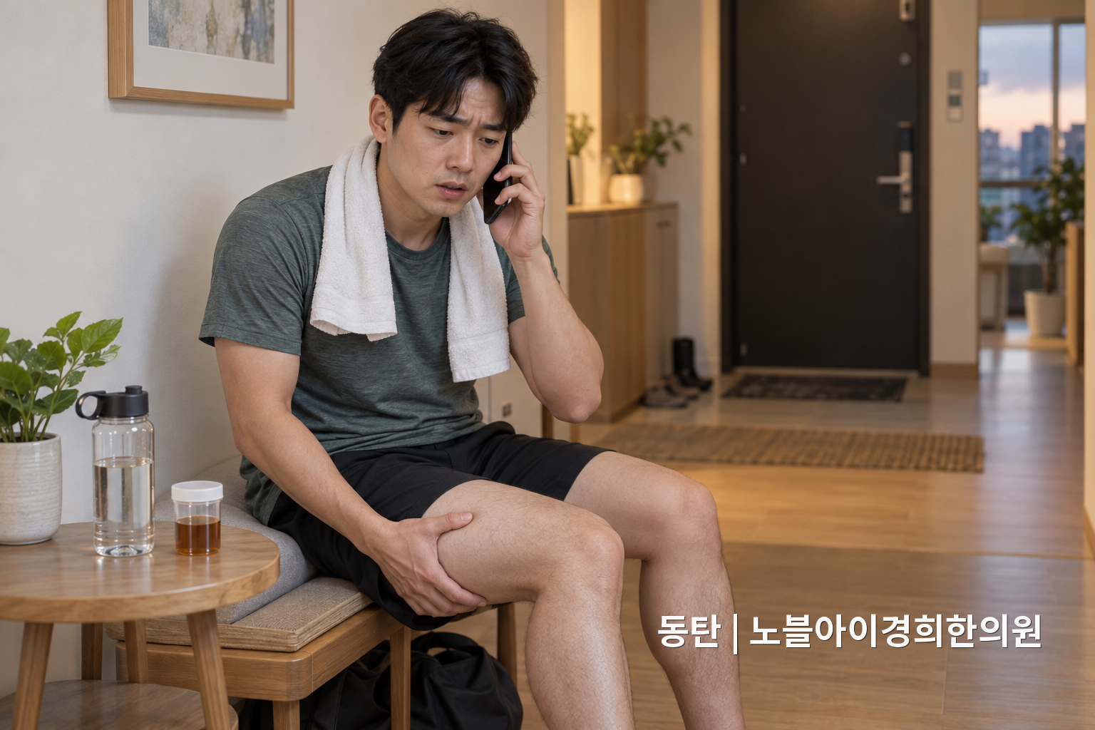운동 뒤 심한 근육통과 소변 변화를 확인하며 의료기관에 연락하는 성인의 교육용 연출 장면