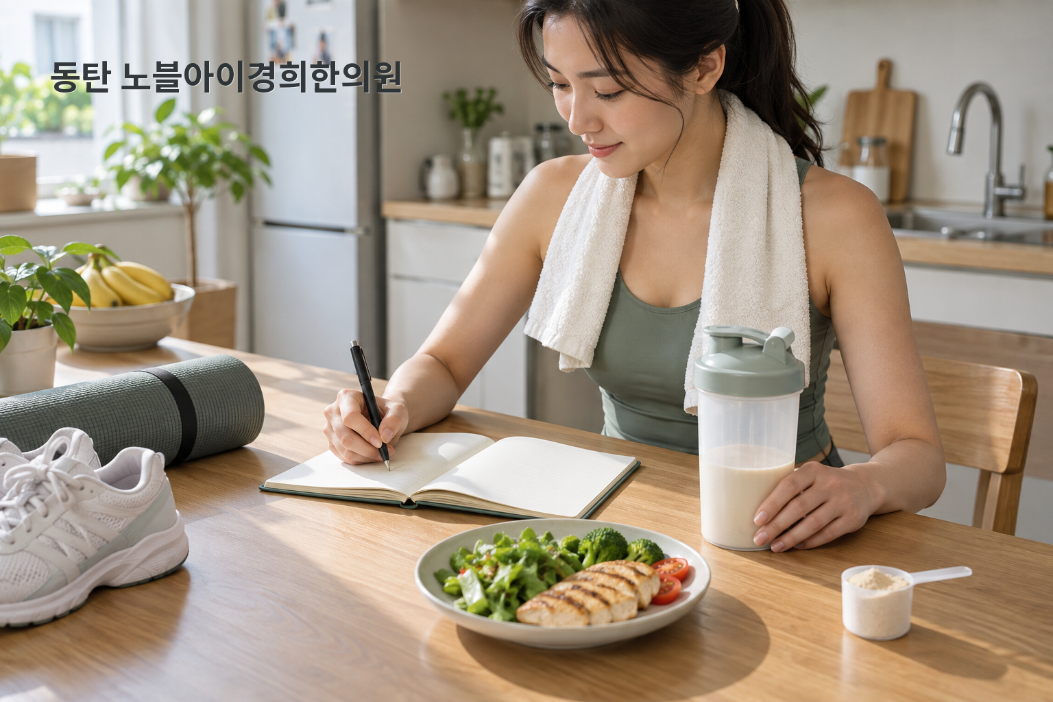 주방 식탁에서 단백질 쉐이크 제품과 운동·식사 시점을 기록하는 성인의 교육용 연출 장면