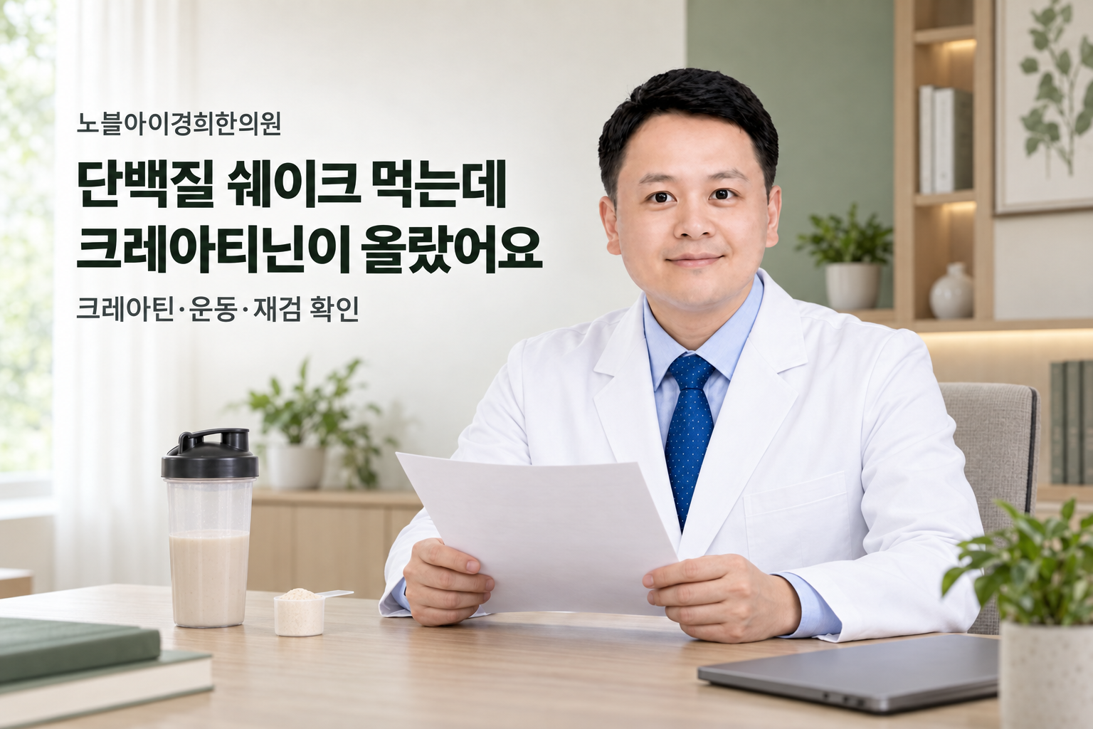 신민우 대표원장이 단백질 쉐이크와 크레아티닌 검사 질문을 설명하는 교육용 연출 장면