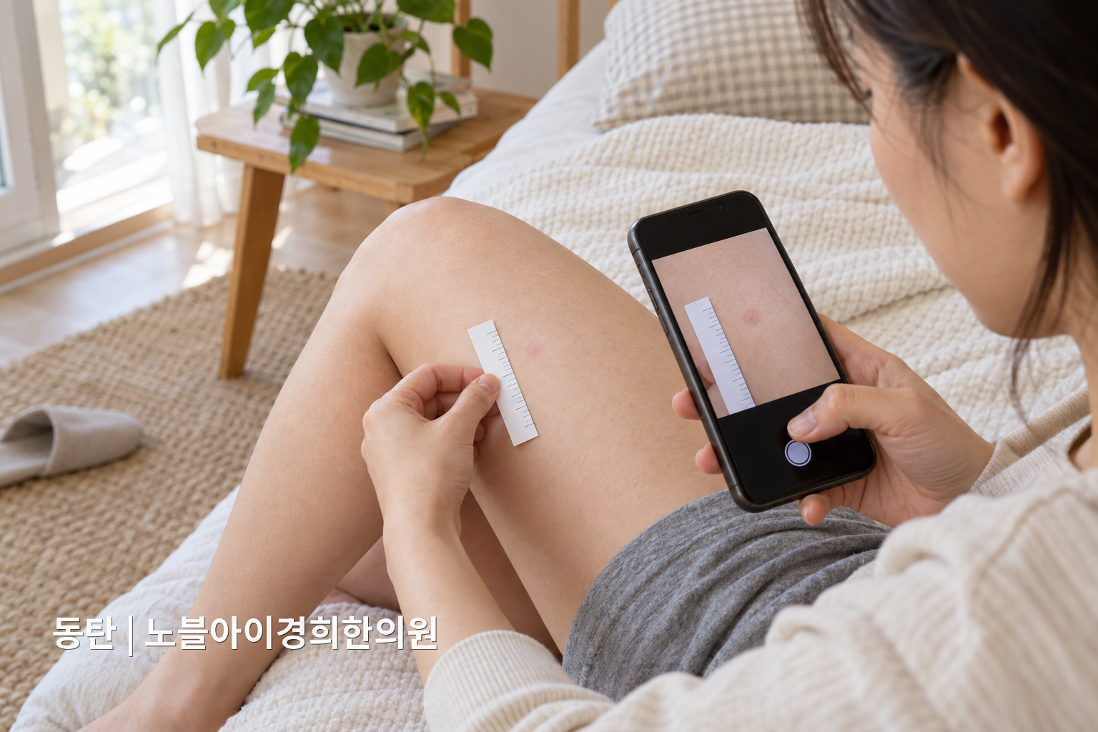 주사 부위의 시간과 크기를 같은 조건에서 촬영해 기록하는 교육용 연출 장면