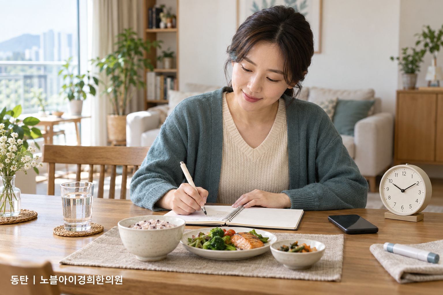 식사·주사·증상 시각을 한 장에 이어 적는 교육용 연출 장면