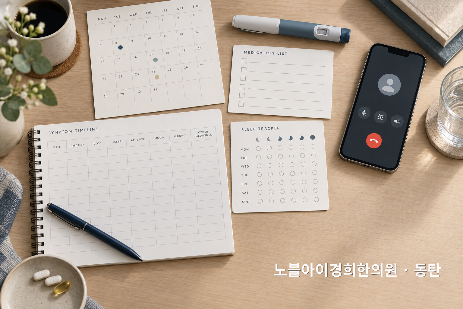주사일·수면·식욕·기분·다른 약을 한 장에 정리하고 처방기관에 연락하는 교육용 정물 장면