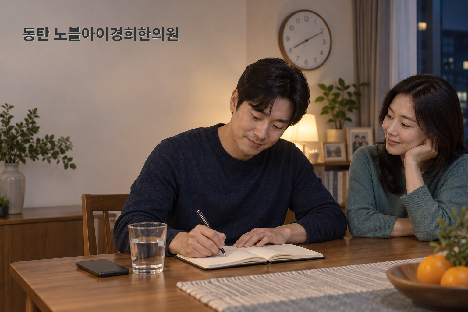 저녁에 기분·수면 변화를 기록하고 가까운 사람이 곁을 지키는 교육용 연출 장면