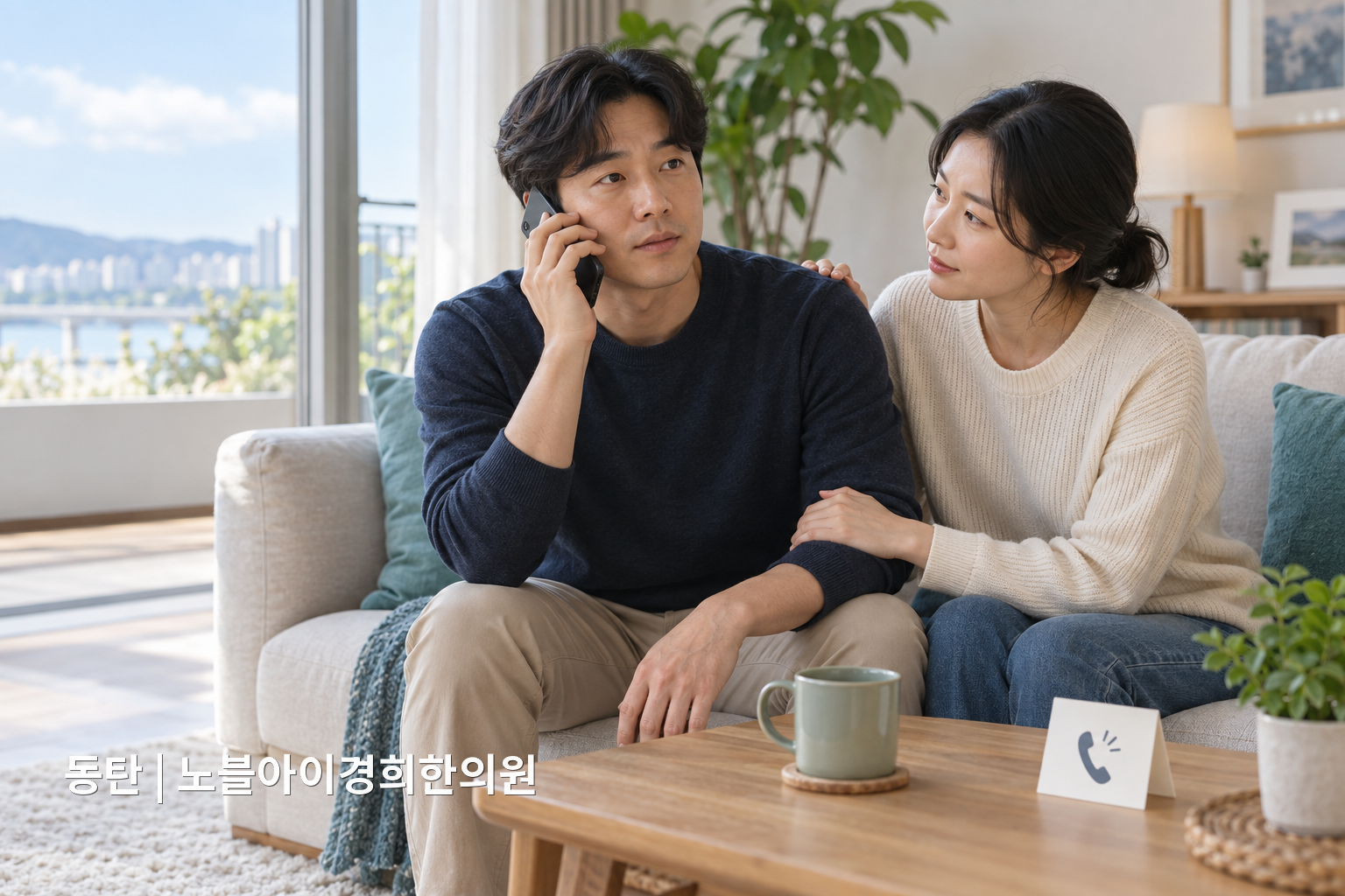 기분 변화가 있는 사람이 혼자 버티지 않고 가까운 사람 곁에서 도움 전화를 거는 교육용 연출 장면