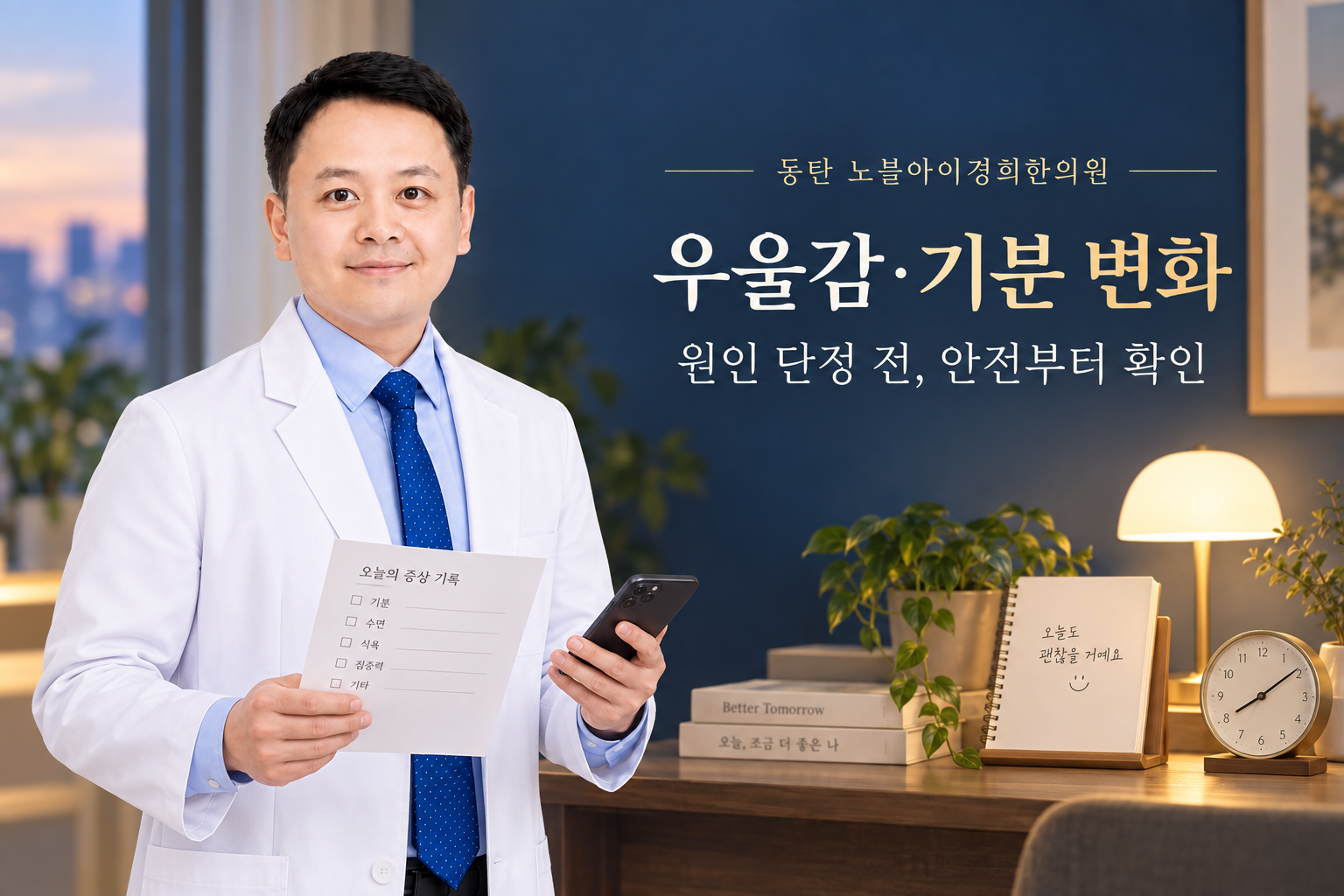 신민우 대표원장이 비만치료주사 사용 중 우울감과 기분 변화의 안전 확인 순서를 안내하는 교육용 주제 이미지