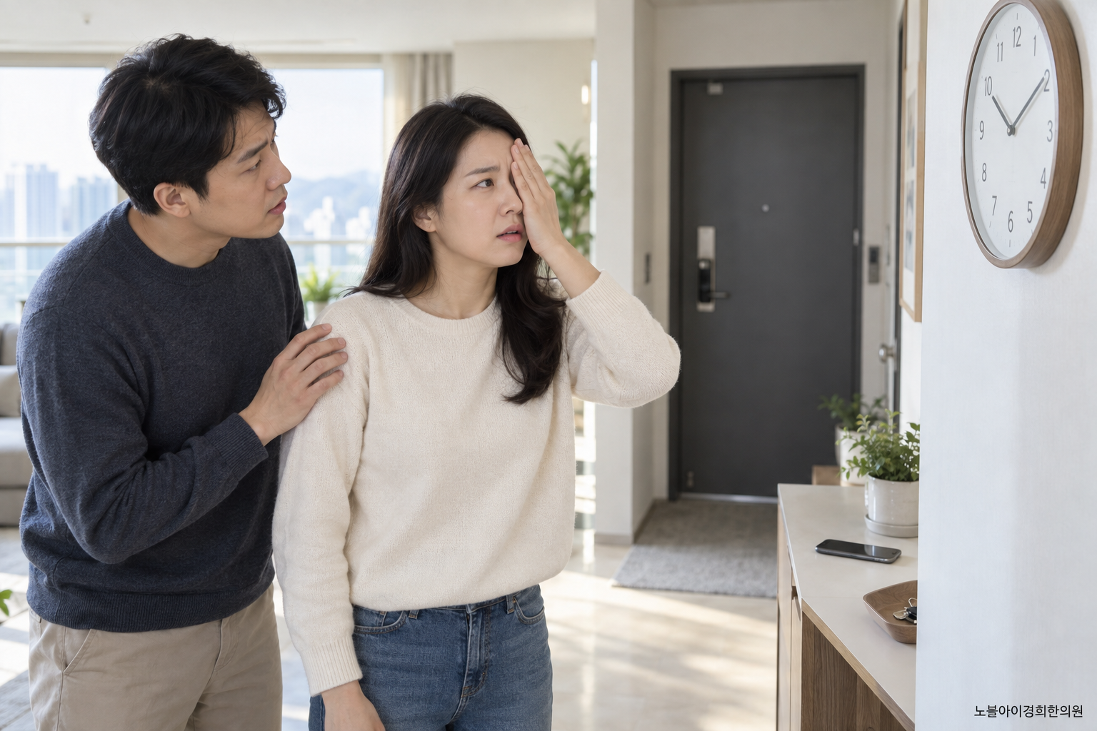 집에서 한쪽 눈이 갑자기 흐려진 성인이 가까운 사람과 증상 시작 시각을 확인하는 교육용 연출 장면
