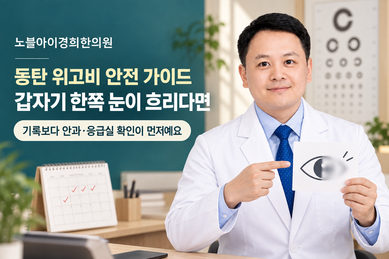 신민우 대표원장이 위고비 사용 중 갑작스런 한쪽 눈 흐림의 안과 응급 확인 순서를 안내하는 교육용 주제 이미지