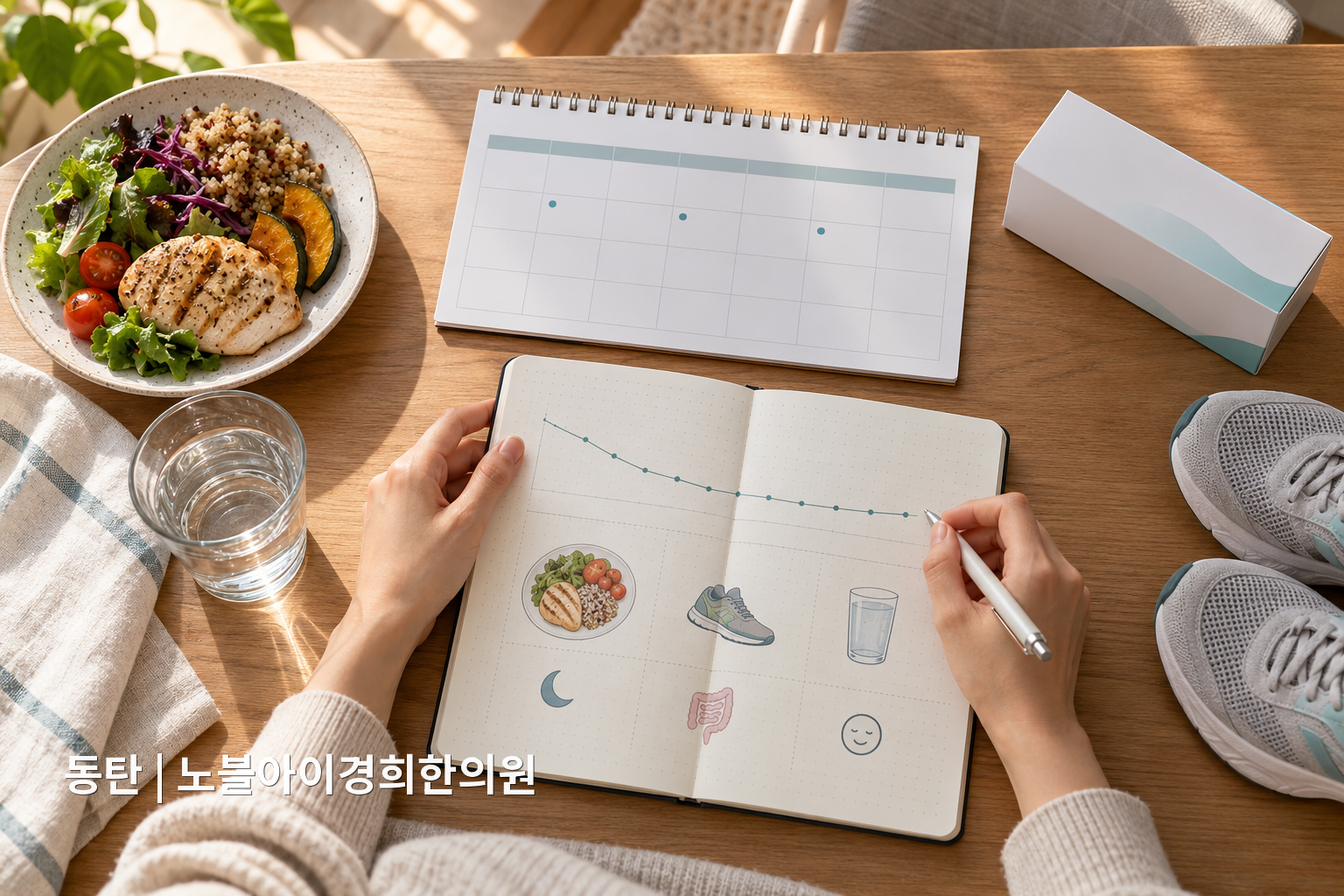체중 추세와 주사일, 식사, 활동, 수면, 배변을 한눈에 비교하도록 정리하는 교육용 기록 장면