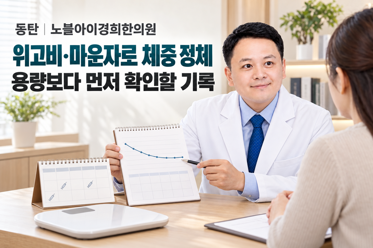 신민우 대표원장이 위고비·마운자로 사용 중 체중 정체에서 자가 증량보다 기록 확인이 먼저라고 설명하는 교육용 상담 장면