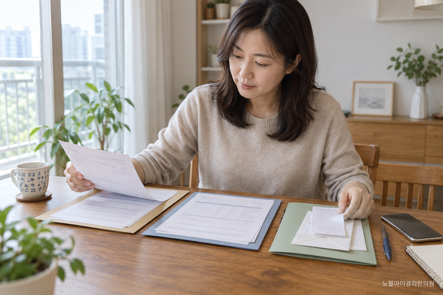 한 사람이 비만치료주사 관련 비용을 의료기관·약국·보험 서류 세 묶음으로 나누는 교육용 생활 장면