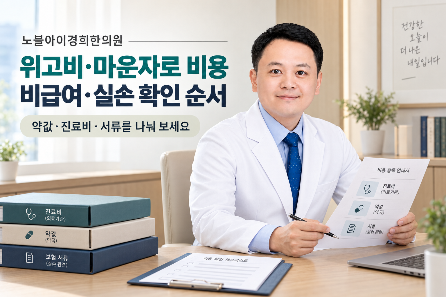 신민우 대표원장이 위고비·마운자로 비용을 약값·진료비·보험 서류로 나눠 설명하는 교육용 상담 장면